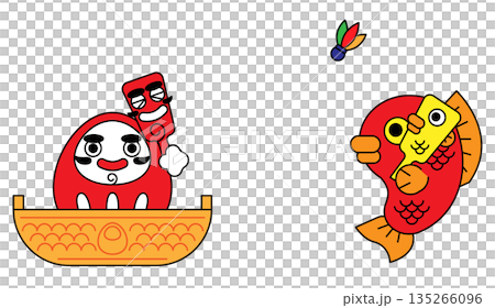 一幅可愛又吉祥的達摩和鯛魚的波普風格插畫。 135266096