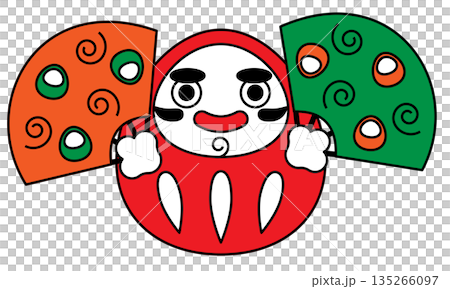 Auspicious Japanese character illustration of a Daruma holding a fan and getting pumped up 135266097
