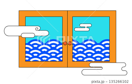 青海波模様が見える和風の窓を描いた、シンプルで使いやすい背景イラスト 135266102