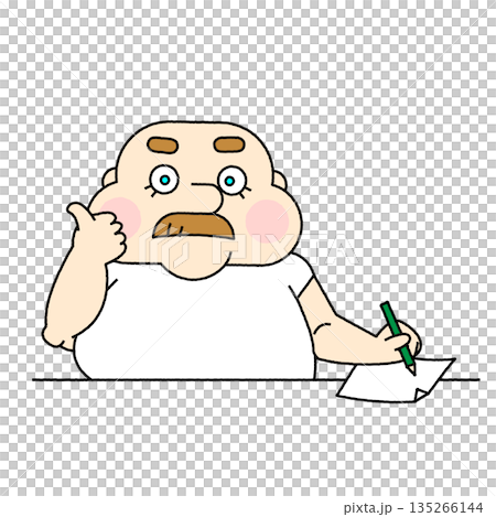 メモを取りながら考えるピザ屋店主の、検討中を表すキャラクターイラスト 135266144