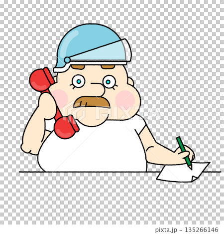 Character illustration of a pizza shop owner taking notes while on the phone 135266146