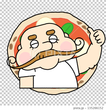 一幅圓形邊框風格的插圖，描繪了一位披薩店老闆自信地站在披薩裡擺姿勢。 135266152