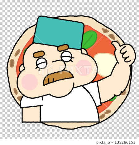 一幅圓形邊框風格的人物插畫，描繪了一位披薩店老闆從披薩中獲得靈感的情景。 135266153