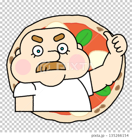 一幅圓形邊框風格的人物插畫,描繪了一位披薩店老闆神情堅定地站在披薩裡。 一幅圓形邊框風格的人物插畫,描繪了一位披薩店老闆神情堅定地站在披薩裡。 135266154