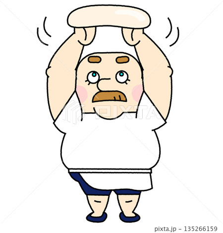 ピザ生地を回しながら伸ばす職人風のおじさんのコミカルなイラスト 135266159