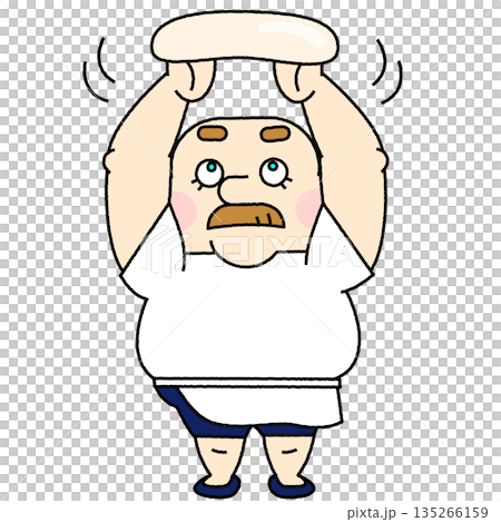 ピザ生地を回しながら伸ばす職人風のおじさんのコミカルなイラスト 135266159