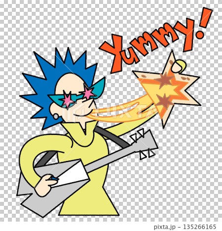 一幅流行幽默的插畫，描繪了一個沉迷於披薩的搖滾風格人物。 135266165