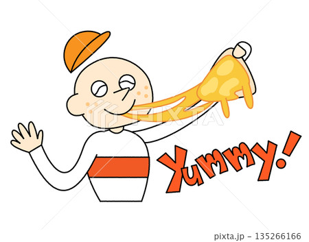 とろけるピザを食べて「Yummy!」と喜ぶ、ポップでかわいいキャラクターイラスト 135266166