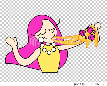 一位時尚流行風格的女性角色插畫，她正開心地吃著融化的披薩。 135266167