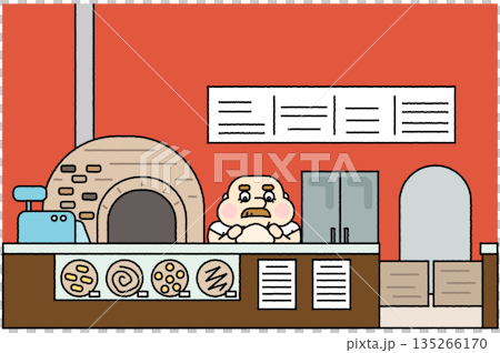 一幅簡潔明快的插圖，描繪了石爐披薩店的櫃檯和內部環境。 135266170