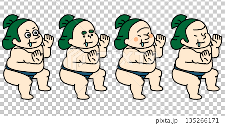 一系列滑稽的插圖，描繪了相撲選手並排做相同動作的場景。 135266171