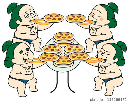 ピザを囲んで食事を楽しむお相撲さんたちのコミカルなイラスト 135266172