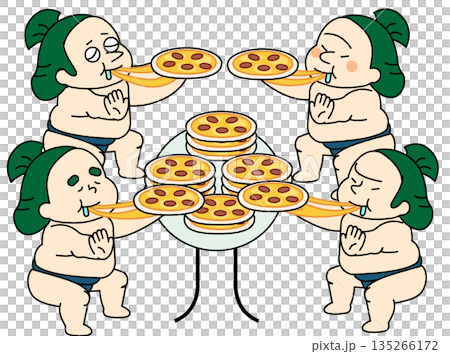 ピザを囲んで食事を楽しむお相撲さんたちのコミカルなイラスト 135266172