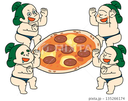 大きなピザを囲んで喜ぶお相撲さんたちのコミカルなイラスト 135266174