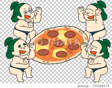 大きなピザを囲んで喜ぶお相撲さんたちのコミカルなイラスト 135266174