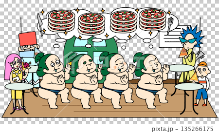 一幅滑稽的插圖，描繪了一家餐廳裡擠滿了形形色色的顧客，他們都在夢想著吃披薩。 135266175