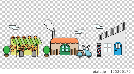 一幅流行且簡潔的街景背景插圖,描繪了成排的商業街建築。 一幅流行且簡潔的街景背景插圖,描繪了成排的商業街建築。 135266176