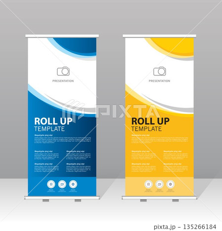 Modern roll up banner template set with blue and yellow abstract design, professional presentation stand for business, corporate marketing, exhibition, trade show and advertising display. 135266184