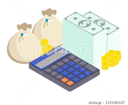 Isometric accounting of cash receipts and reporting. Isolated cartoon vector on white background top view Isometric accounting of cash receipts and reporting. Isolated cartoon vector on white background top view 135266187