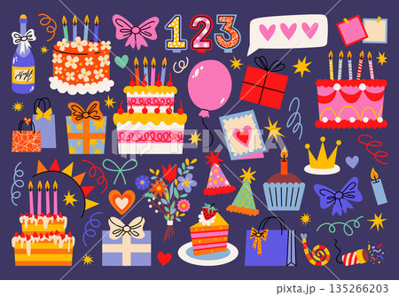 Birthday party elements in doodle style, balloons, gifts, cakes, candles, gift boxes, bows, confetti. Flat cartoon illustrations for decorating parties, gifts, greetings, birthday, festival, carnival. Birthday party elements in doodle style, balloons, gifts, cakes, candles, gift boxes, bows, confetti. Flat cartoon illustrations for decorating parties, gifts, greetings, birthday, festival, carnival. 135266203