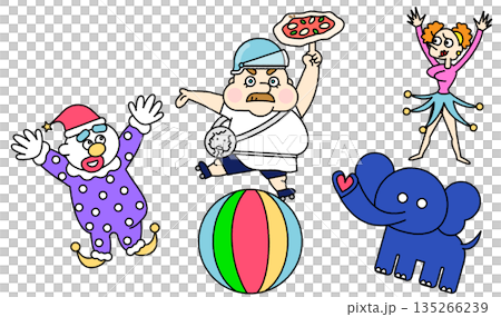 サーカスのキャラクターたちが集合したにぎやかなコミカルイラスト サーカスのキャラクターたちが集合したにぎやかなコミカルイラスト 135266239