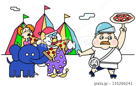 サーカスの仲間たちとピザ職人が集まる賑やかなイベントイラスト 135266241