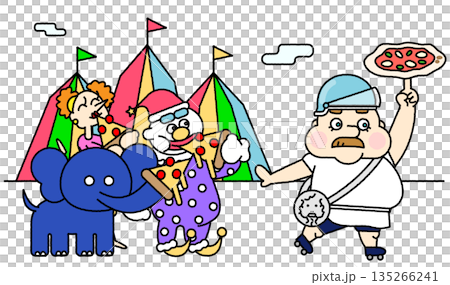 サーカスの仲間たちとピザ職人が集まる賑やかなイベントイラスト 135266241