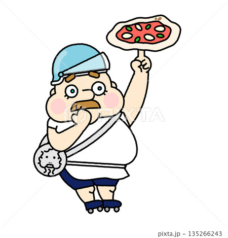 ピザを持ちながら不安そうに様子を見る職人のコミカルなイラスト ピザを持ちながら不安そうに様子を見る職人のコミカルなイラスト 135266243