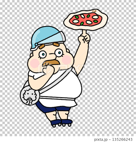 ピザを持ちながら不安そうに様子を見る職人のコミカルなイラスト ピザを持ちながら不安そうに様子を見る職人のコミカルなイラスト 135266243