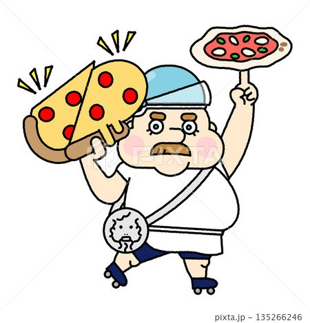 ピザを落としそうになり慌てる職人風キャラクターのコミカルなイラスト ピザを落としそうになり慌てる職人風キャラクターのコミカルなイラスト 135266246