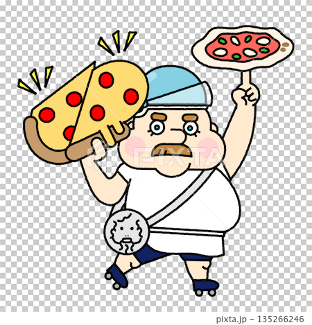 ピザを落としそうになり慌てる職人風キャラクターのコミカルなイラスト ピザを落としそうになり慌てる職人風キャラクターのコミカルなイラスト 135266246
