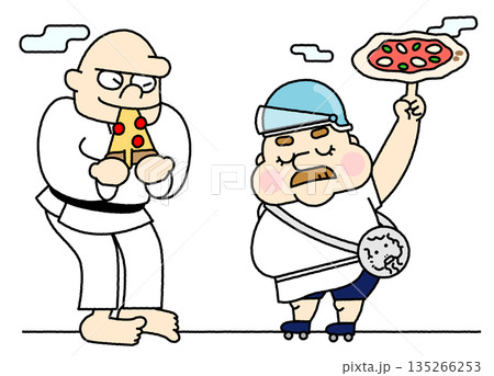 感謝の気持ちを込めてピザを手渡す人物を描いたコミカルなイラスト 感謝の気持ちを込めてピザを手渡す人物を描いたコミカルなイラスト 135266253