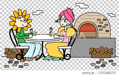 一幅波普插畫,描繪了一對夫婦在帶有石砌烤爐的露台上享用美食的場景。 一幅波普插畫,描繪了一對夫婦在帶有石砌烤爐的露台上享用美食的場景。 135266255