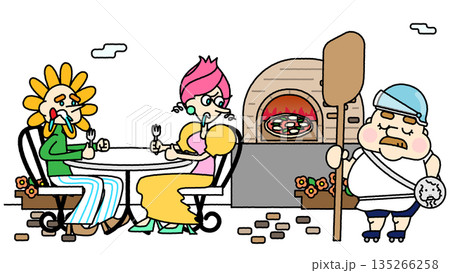石窯ピザ店のテラス席と職人を描いた賑やかな街角イラスト 135266258