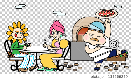 一幅生動的插圖,描繪了一家石爐披薩餐廳的露台座位和工匠的表演。 一幅生動的插圖,描繪了一家石爐披薩餐廳的露台座位和工匠的表演。 135266259