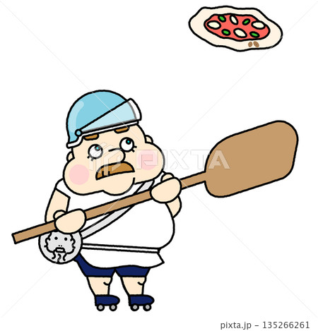 ピザを落としそうになり慌てるピザ職人風のおじさんのコミカルなイラスト 135266261