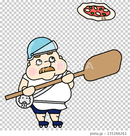 ピザを落としそうになり慌てるピザ職人風のおじさんのコミカルなイラスト 135266261