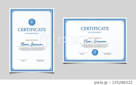 Elegant certificate of achievement set in vertical and horizontal layout, classic blue and gold border design, professional award template for business, corporate, education and formal recognition. 135266322