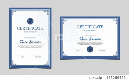 Elegant certificate of achievement set in vertical and horizontal layout, classic blue and gold border design, professional award template for business, corporate, education and formal recognition. 135266323