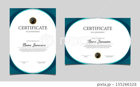 Elegant certificate of achievement set in vertical and horizontal layout, classic blue and gold border design, professional award template for business, corporate, education and formal recognition. Elegant certificate of achievement set in vertical and horizontal layout, classic blue and gold border design, professional award template for business, corporate, education and formal recognition. 135266328