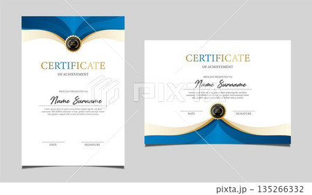 Elegant certificate of achievement set in vertical and horizontal layout, classic blue and gold border design, professional award template for business, corporate, education and formal recognition. Elegant certificate of achievement set in vertical and horizontal layout, classic blue and gold border design, professional award template for business, corporate, education and formal recognition. 135266332