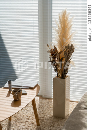 ブラインドの日差しと影とドライフラワー 135266341
