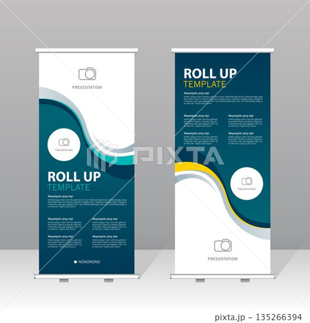 Modern roll up banner template set with blue abstract design, professional presentation stand for business, corporate marketing, exhibition, trade show and advertising display. Modern roll up banner template set with blue abstract design, professional presentation stand for business, corporate marketing, exhibition, trade show and advertising display. 135266394