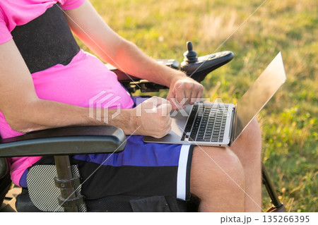 Freelance and accessibility concept featuring a man in a wheelchair working on a laptop in nature. 135266395