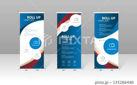 Modern roll up banner template set with blue abstract design, professional presentation stand for business, corporate marketing, exhibition, trade show and advertising display. Modern roll up banner template set with blue abstract design, professional presentation stand for business, corporate marketing, exhibition, trade show and advertising display. 135266490