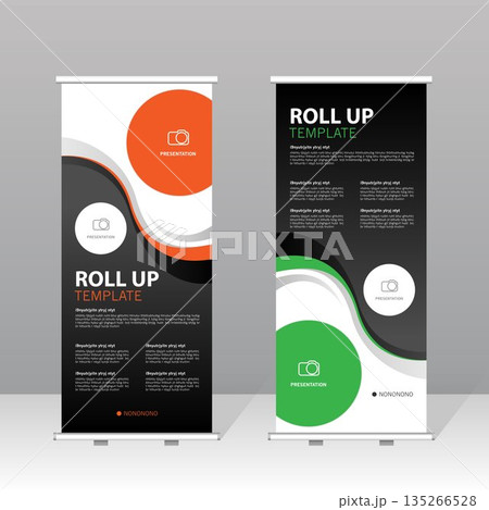 Modern roll up banner template set with red and green abstract design, professional presentation stand for business, corporate marketing, exhibition, trade show and advertising display. Modern roll up banner template set with red and green abstract design, professional presentation stand for business, corporate marketing, exhibition, trade show and advertising display. 135266528