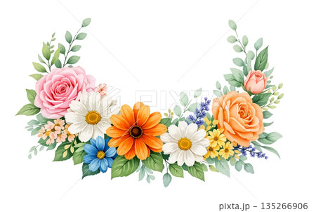 watercolor wreath with colorful flowers and leaves 135266906