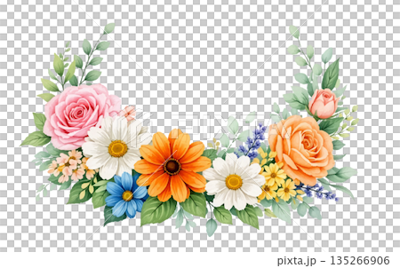 watercolor wreath with colorful flowers and leaves watercolor wreath with colorful flowers and leaves 135266906