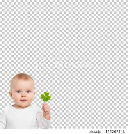 Cute baby holding a four-leaf clover Cute baby holding a four-leaf clover 135267148
