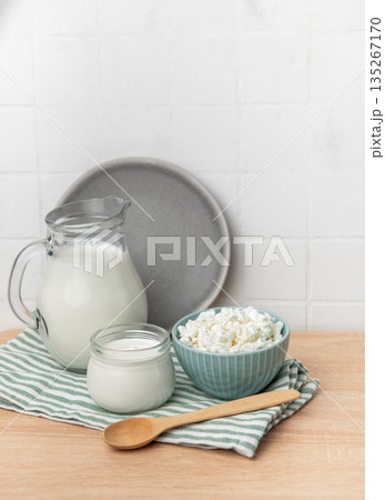Fresh dairy products with milk yogurt and cottage cheese 135267170